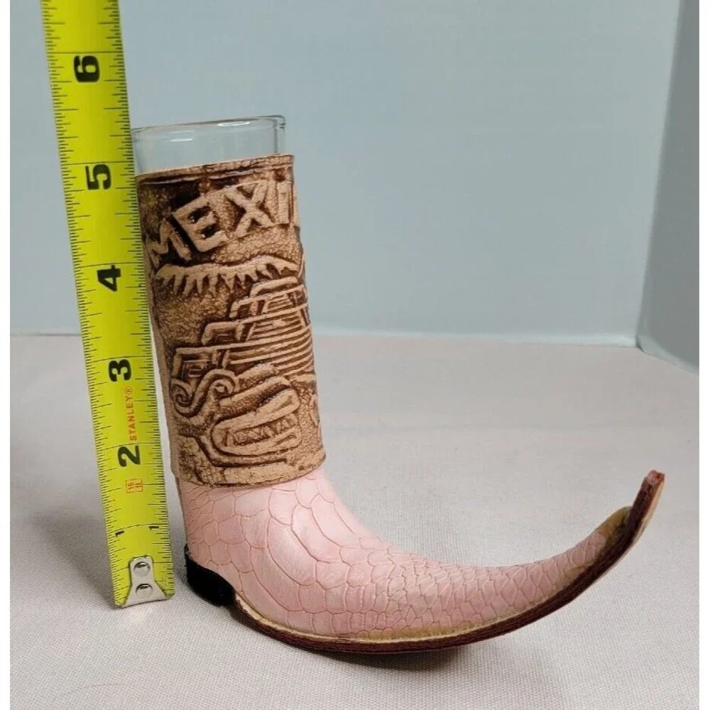 mexican mini leather wrapped boot tequila shots shaped like boot Pink And Brown